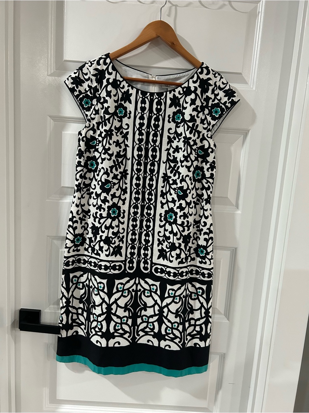 Liz Claiborne Black & White Floral-Print Mini Dress with Teal Trim